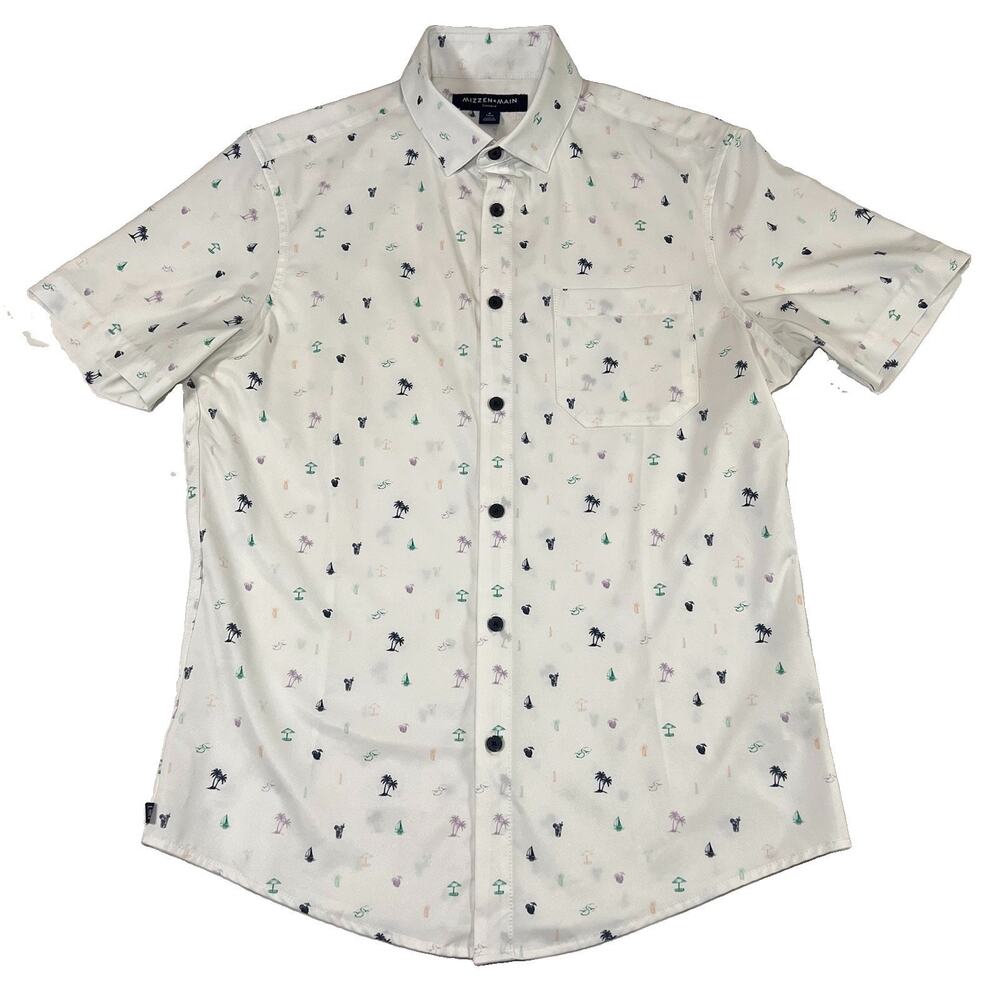 Mizzen+Main Leeward Shirt Men Size S White Tropical Print Trim Fit Short Sleeve